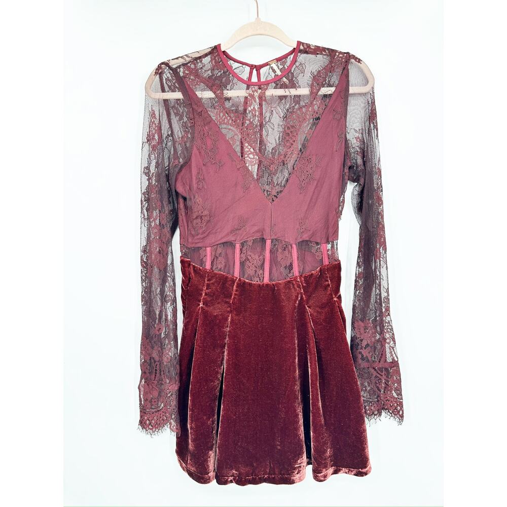 Free People Marlie Garnet Red Lace Velvet Long Sleeve Mini Dress Size XS - Picture 3 of 7